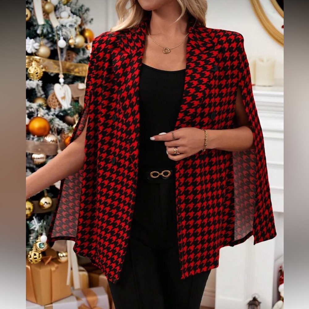 Red and Black Houndstooth Cape Blazer LIGHTWEIGHT - Picture 2 of 6